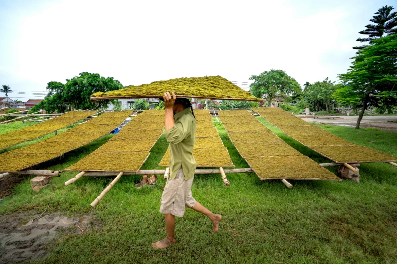 a man walking across a lush green field, environmental art, turf roof, do hoang tuong artwork, with yellow cloths, sustainable materials