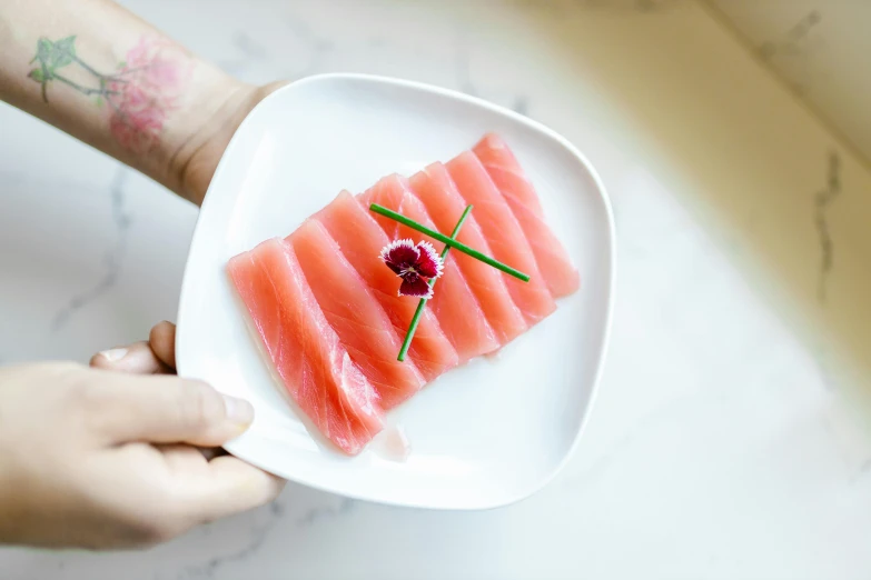 a close up of a person holding a plate of food, half fish, slightly red, sakura haruno, at home