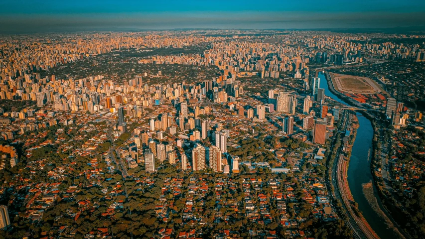 an aerial view of a city with a river running through it, by Fernando Gerassi, pexels contest winner, bolsonaro, sky line, edu souza, composite