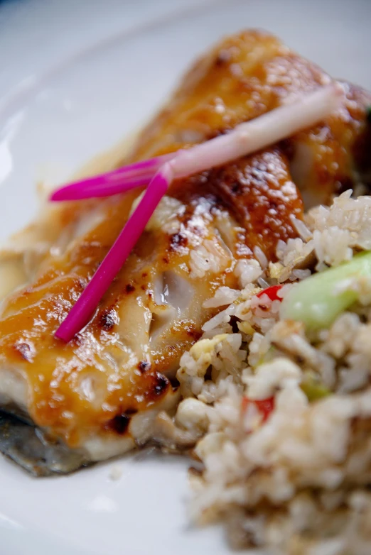 a white plate topped with rice and meat, fish tail, up close image, bamboo, clean image