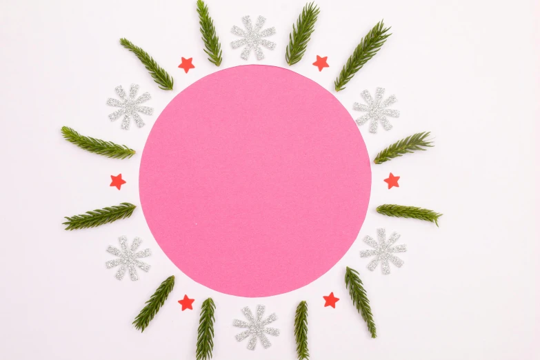 a pink circle surrounded by pine branches and snowflakes, paper cutouts of plain colors, without text, instagram art, bright stars