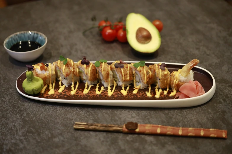 a close up of a plate of food on a table, obi strip, fully decorated, hasselblade wide shot, 200mm
