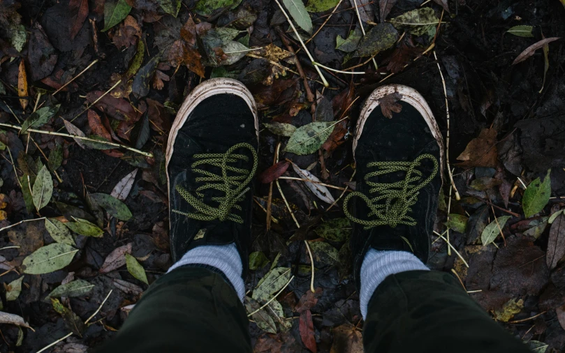 a person standing on top of a leaf covered ground, unsplash, visual art, sneaker photo, blair witch project, green and brown clothes, black and green