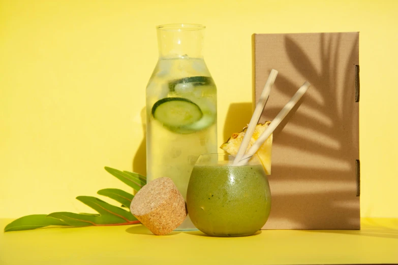 a bottle of lemonade with a slice of cucumber next to it, a still life, trending on pexels, sunbathed skin, cardboard, vanilla smoothie explosion, yellow and greens