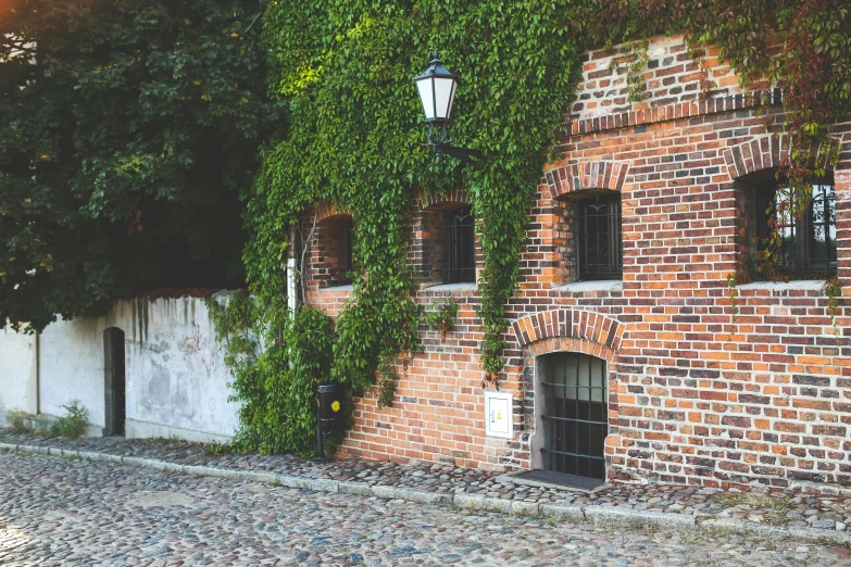 a brick building with ivy growing on the side of it, a photo, by Emma Andijewska, pexels contest winner, gas lanterns, poland, brown cobble stones, a quaint