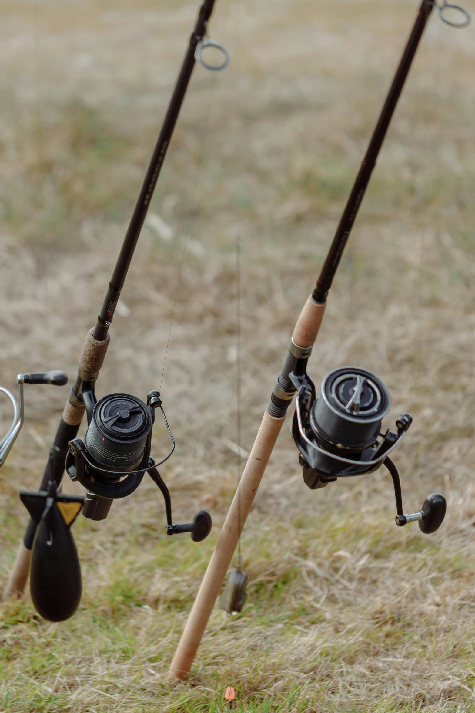 a couple of fishing rods sitting on top of a field, zoomed in shots, short telephoto, gearing up for battle, trending photo