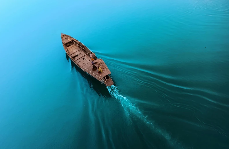 a small boat in the middle of a large body of water, pexels contest winner, hurufiyya, assamese aesthetic, brown and cyan blue color scheme, thumbnail, ( 3 1