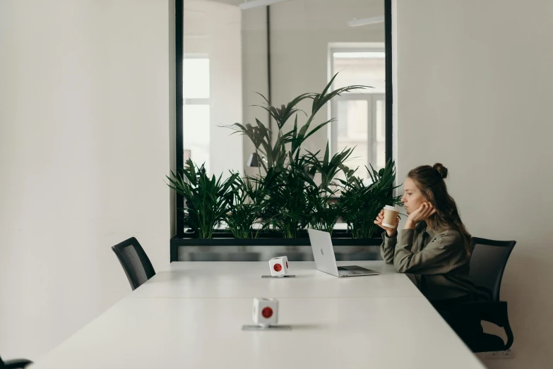 a woman sitting at a table talking on a cell phone, by Emma Andijewska, pexels contest winner, postminimalism, cubical meeting room office, 9 9 designs, table in front with a cup, amongst foliage