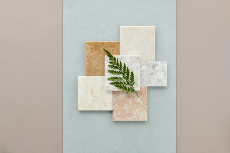 a cross made out of tiles and a fern leaf, an album cover, inspired by Rachel Whiteread, renaissance, pastel colour palette, marble background, taupe, textured base ; product photos