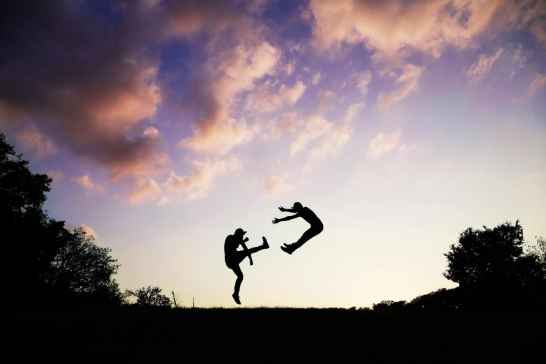 a couple of people that are jumping in the air, inspired by Storm Thorgerson, pexels contest winner, hand to hand combat, avatar image, in the evening, taken in the late 2010s