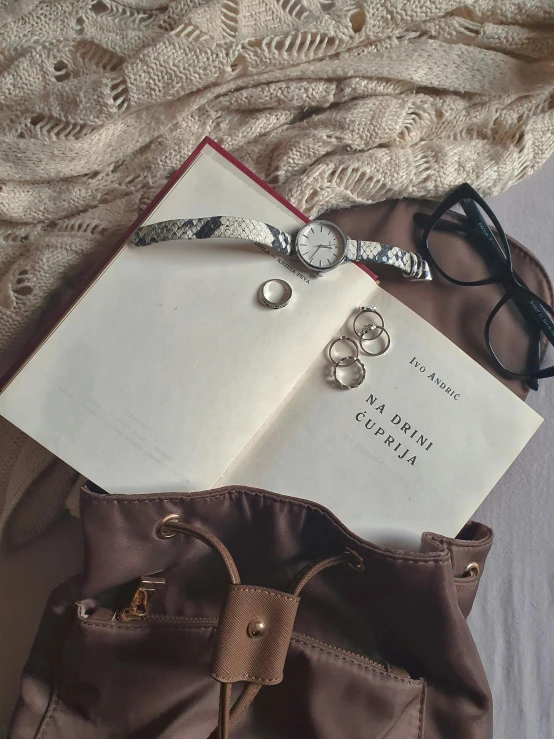 a purse sitting on top of a bed next to a book, a still life, inspired by Eliseu Visconti, trending on unsplash, silver jewellery, brown and cream color scheme, high angle close up shot, instagram story