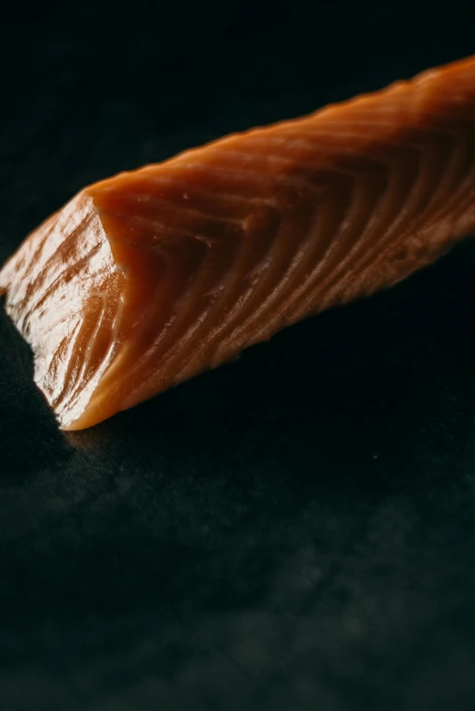 a piece of salmon on a black surface, deep in thought, silky smooth, caramel, perfect crisp light