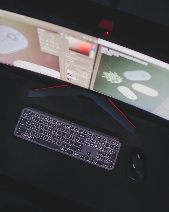 a computer desk with two monitors and a keyboard, by Sam Black, crimson themed, a high angle shot, lgbtq, ultrawide