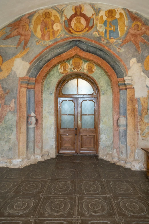 a room that has a bunch of paintings on the walls, a painting, inspired by Károly Markó the Elder, romanesque, door, fresco, scene from church, rustic