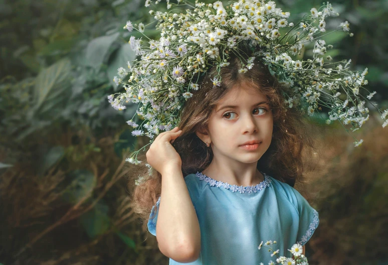 a little girl with a wreath of flowers on her head, pixabay contest winner, paul barson, dafne keen, soft blue tones, medium format. soft light