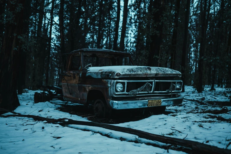 an old truck sitting in the middle of a forest, an album cover, inspired by Elsa Bleda, unsplash contest winner, cold freezing nights, 2 0 2 1 cinematic 4 k framegrab, horror movie still, profile picture