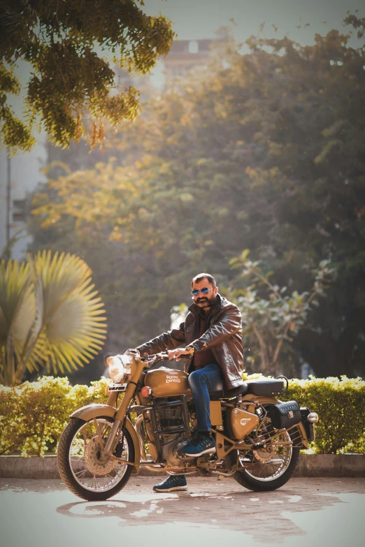 a man riding on the back of a motorcycle, a picture, by Saurabh Jethani, pexels contest winner, amongst foliage, looking regal and classic, posing for camera, in the sun