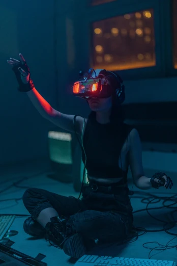 a woman sitting on the floor in front of a tv, cyberpunk art, inspired by Beeple, wearing a vr headset, cybernetic hands, unreal engine : : rave makeup, death + robots series of netflix