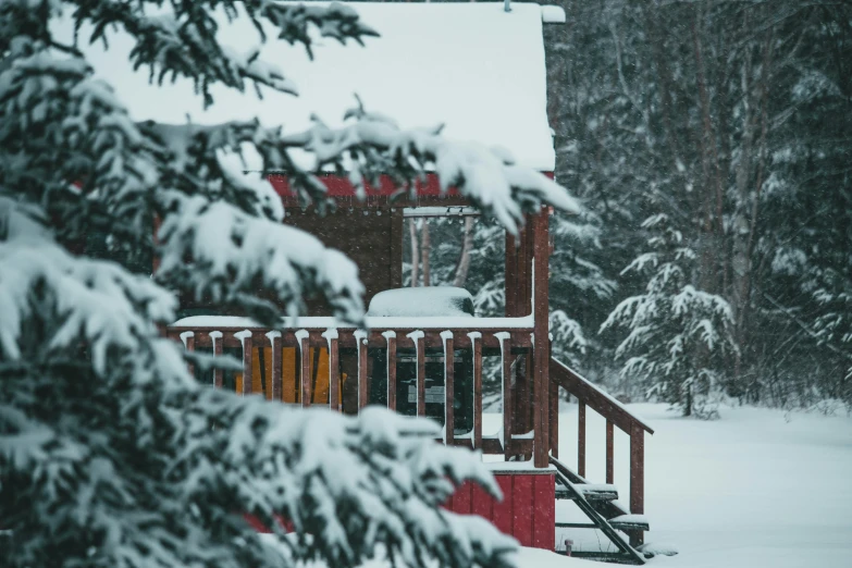 a red cabin sitting in the middle of a snow covered forest, vacation photo, close up image, thumbnail, stacked image