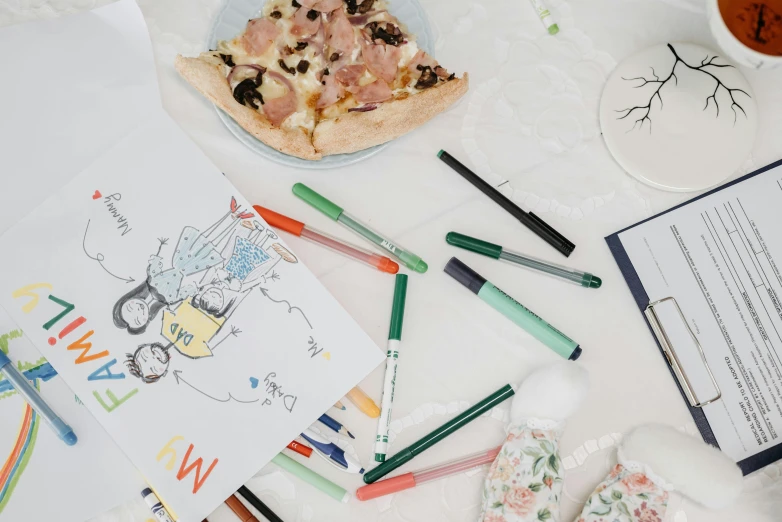 a piece of pizza sitting on top of a white table, a child's drawing, inspired by Elsa Beskow, pexels contest winner, with a bunch of stuff, markers, emma bridgewater and paperchase, place setting