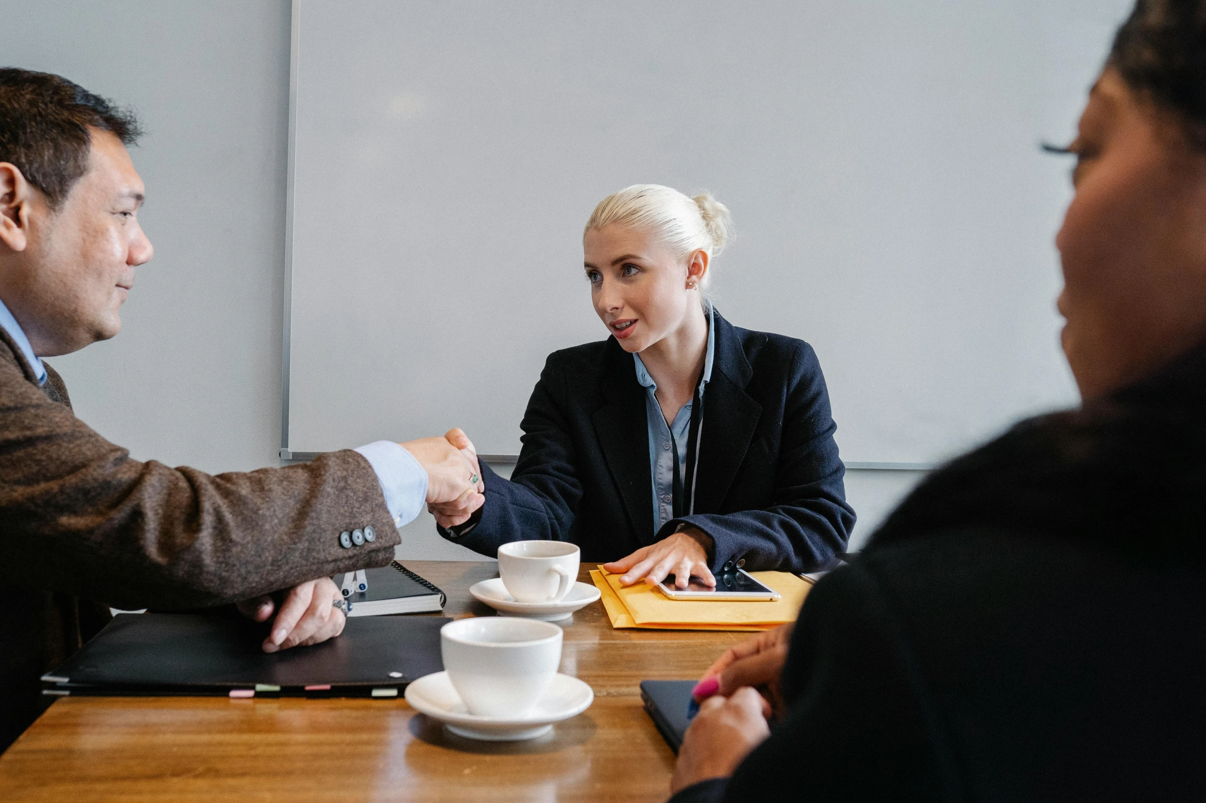 a group of people sitting around a wooden table, woman in business suit, lachlan bailey, making a deal with the devil, professional work