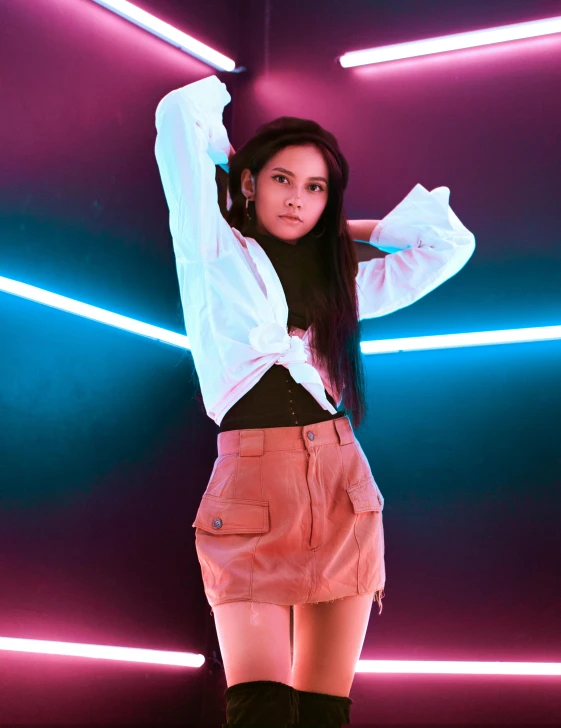 a woman posing for a picture in front of neon lights, an album cover, by Robbie Trevino, unsplash, dau-al-set, isabela moner, cinematic. by leng jun, miniskirt, portrait jisoo blackpink