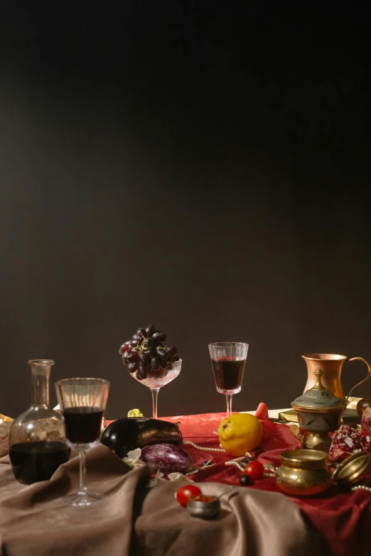 a group of wine glasses sitting on top of a table, a still life, inspired by Caravaggio, renaissance, snacks, full - view, square, panoramic shot