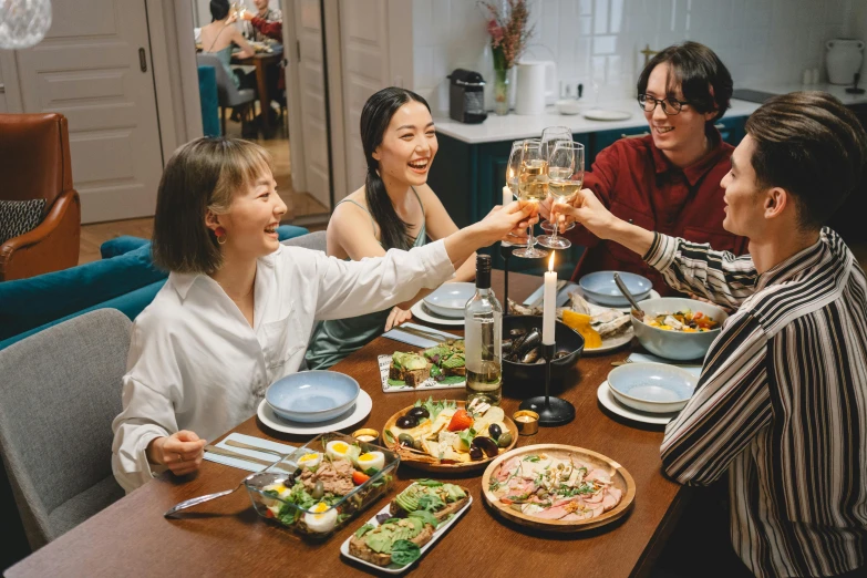 a group of people sitting around a wooden table, a picture, food, avatar image, brandon woelfel, korean supper