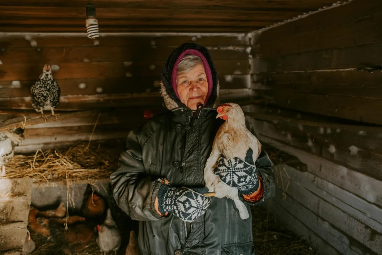 a woman holding a chicken in a barn, by Emma Andijewska, pexels contest winner, traditional russia, cold weather, an elderly, 🦩🪐🐞👩🏻🦳