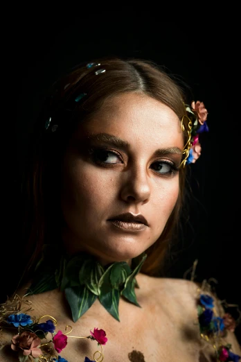 a woman with a flower crown on her head, a character portrait, inspired by Elsa Bleda, trending on pexels, renaissance, dark makeup, portrait of annasophia robb, studio photo, poison ivy
