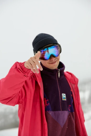 a man standing on top of a snow covered slope, wearing an eyepatch, heavily upvoted, with index finger, nordic