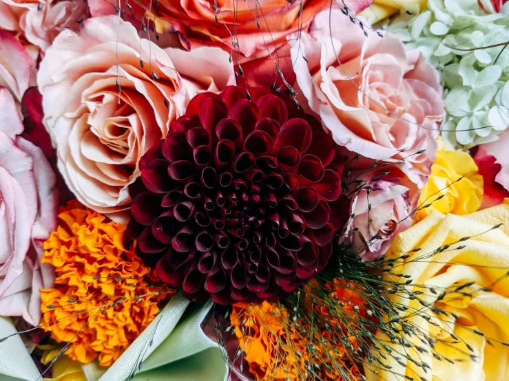 a close up of a bouquet of flowers, dark oranges reds and yellows, subtle detailing, pink and orange colors, delightful