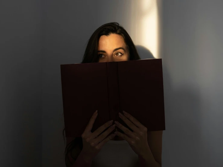 a woman reading a book in the dark, pexels contest winner, hyperrealism, her face is in shadow, with a white background, standing under a beam of light, eye level view