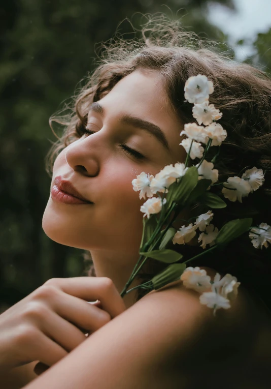 a woman with a flower in her hair, trending on unsplash, romanticism, with closed eyes, avatar image, fragrant plants, 2019 trending photo