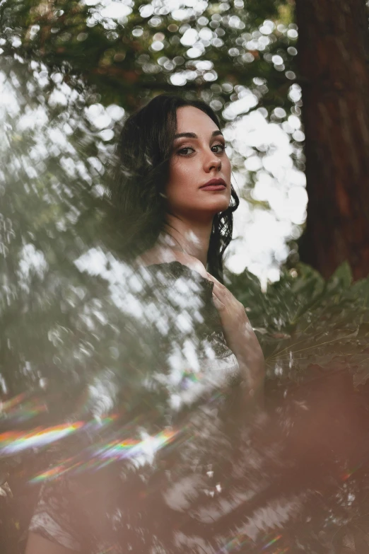 a woman standing in front of a tree, an album cover, pexels contest winner, renaissance, krysten ritter, forest style studio shot, redwoods, woman with black hair