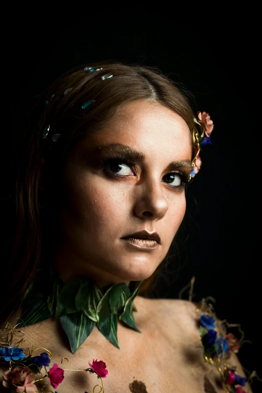 a close up of a woman with flowers in her hair, an album cover, inspired by Hans Makart, renaissance, emma watson as poison ivy, 5 0 0 px models, a young female shaman, ( low key light )