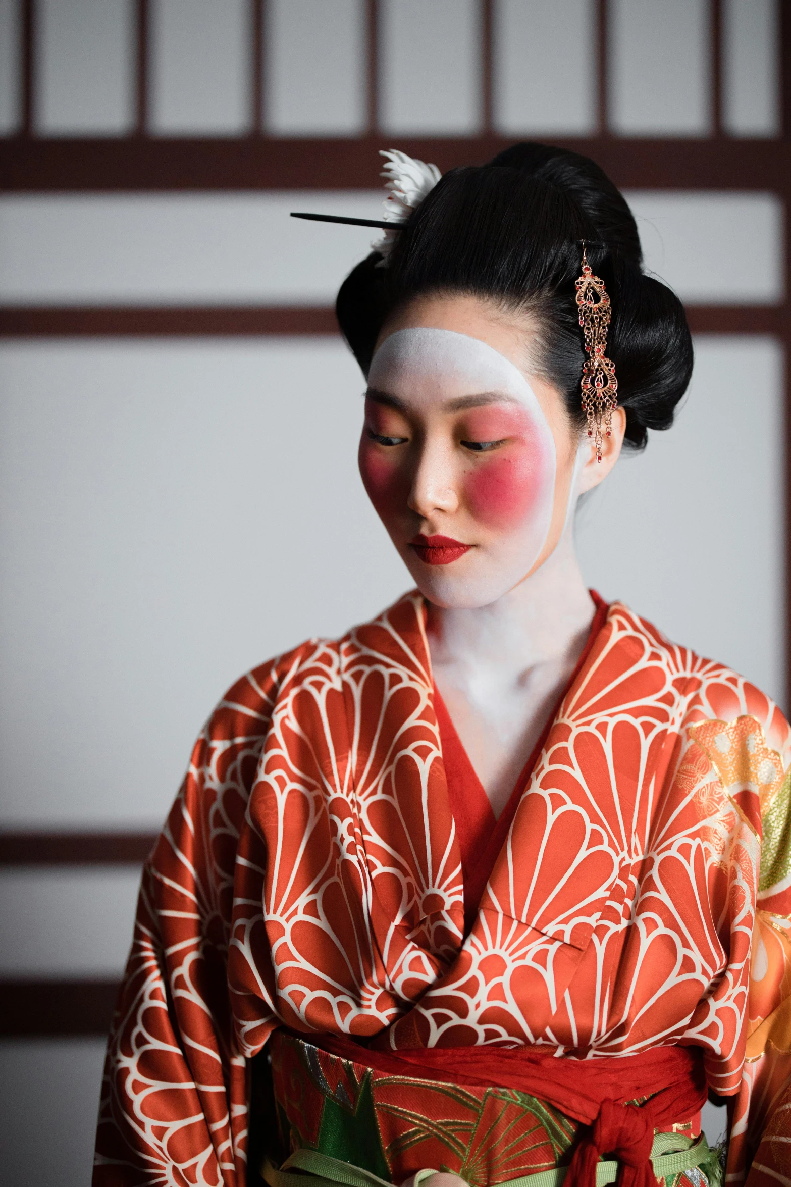 a woman in a kimono is posing for a picture, a portrait, inspired by Otake Chikuha, trending on unsplash, white facepaint, square, ( ( theatrical ) ), 2010s