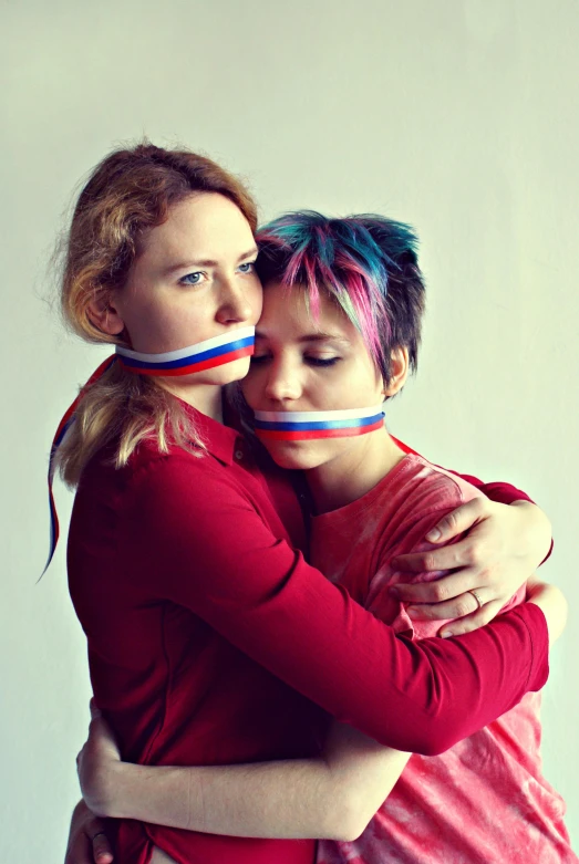 a couple of women standing next to each other, flickr, antipodeans, sanctions in russia, holding each other, muffled colours, profile image