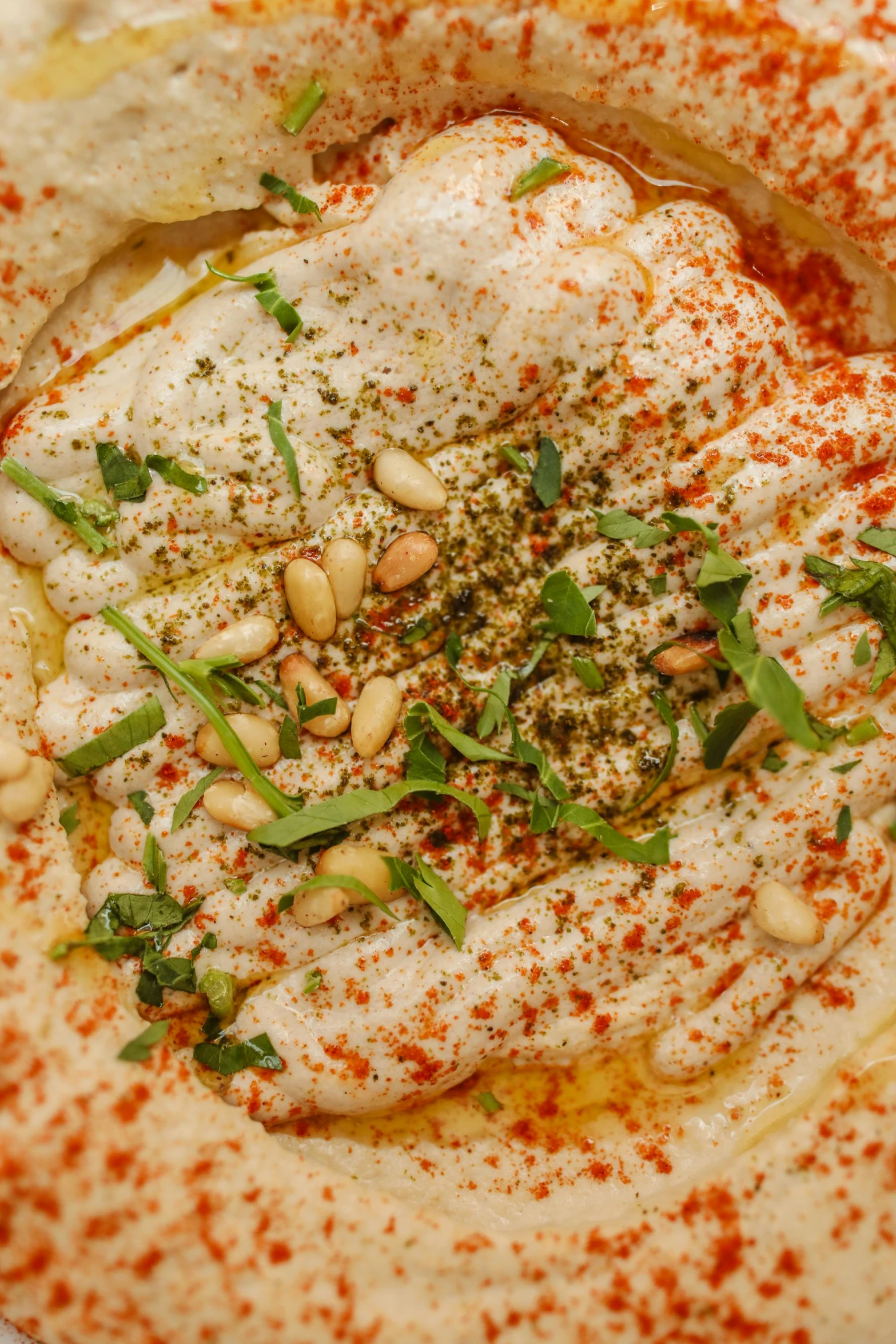 a close up of a plate of food with hummusl, by Daniel Lieske, hurufiyya, inside a cavernous stomach, creamy, humus, beans