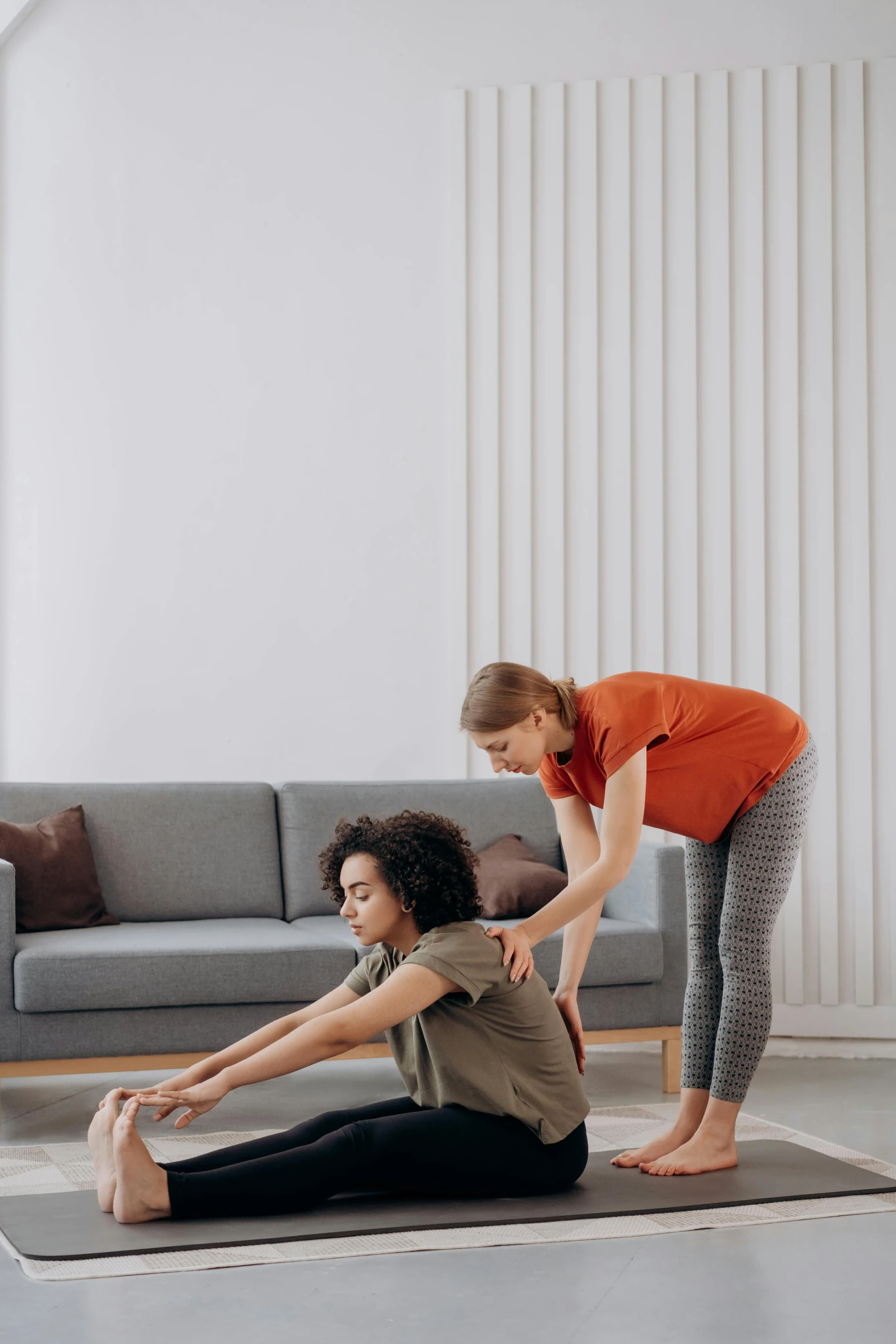two women doing yoga together in a living room, pexels contest winner, renaissance, square, plain background, low quality photo, zig zag