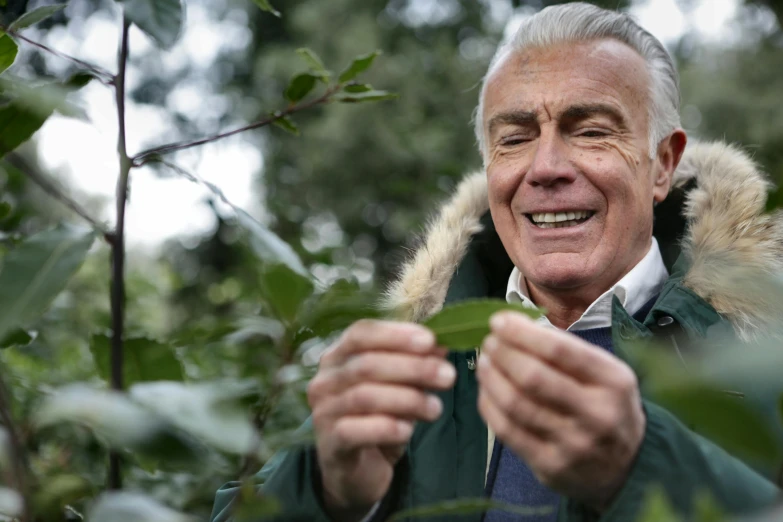 a close up of a person holding a leaf, inspired by Werner Andermatt, smiling man, arrendajo in avila pinewood, leaves in foreground, hunter biden