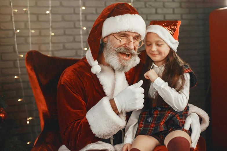 a little girl sitting next to a santa clause, pexels, avatar image, high resolution, long grey beard, girls