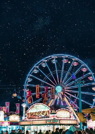 a crowd of people standing in front of a ferris wheel, with the sky full of stars, 15081959 21121991 01012000 4k, instagram post, fairytale