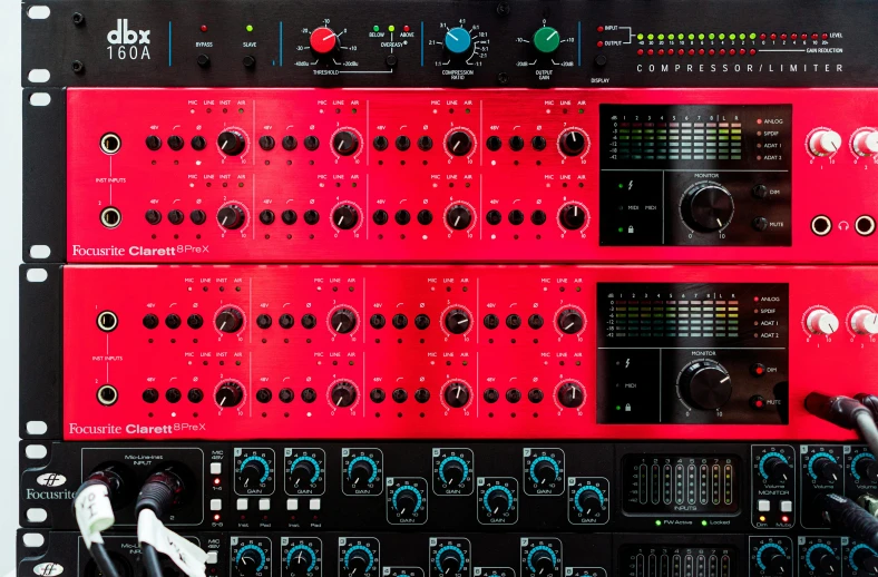 a close up of a bunch of electronic equipment, black+velvet+red+turquoise, red hoods, studio recording, aurora digital package