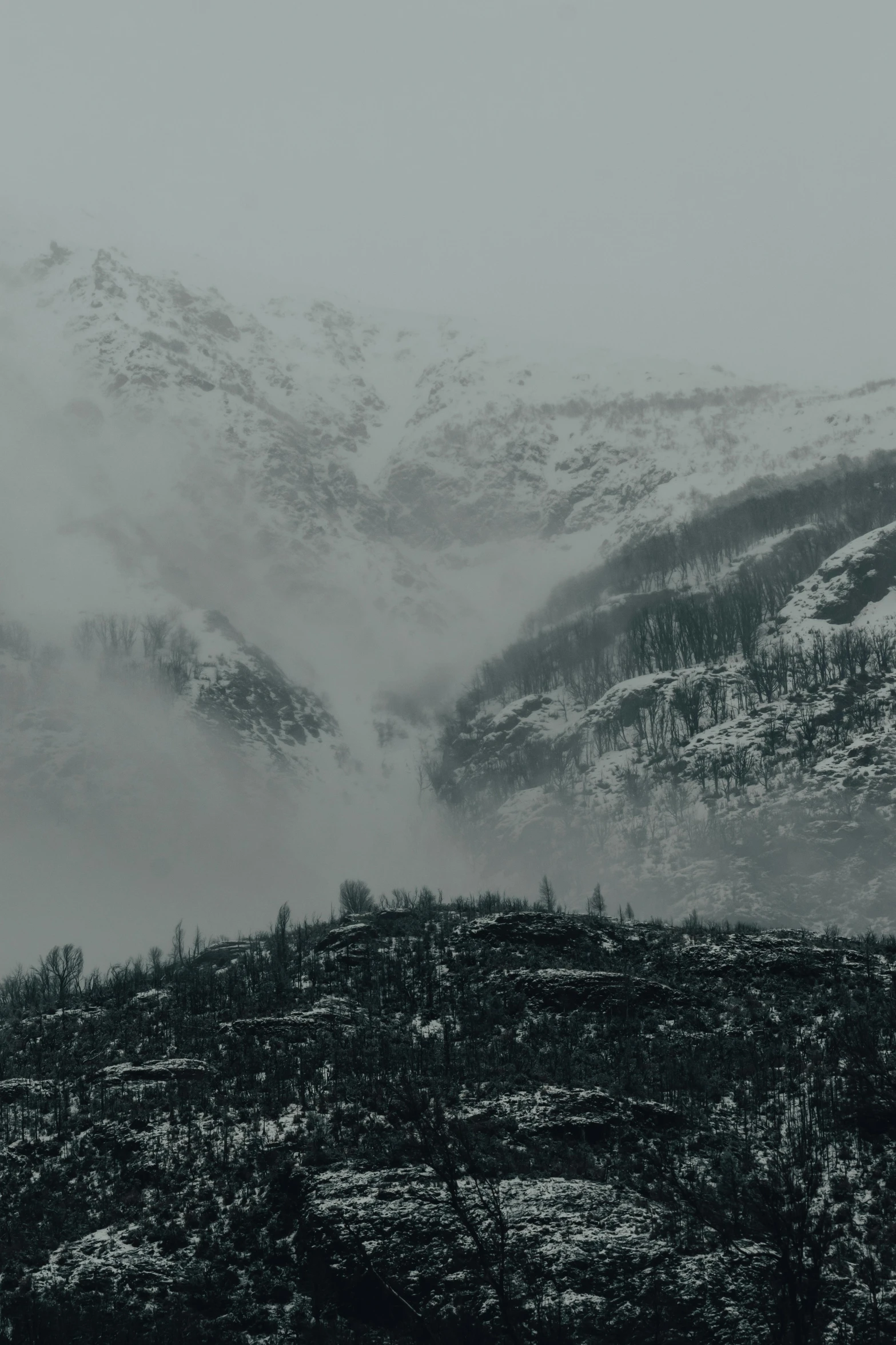 a black and white photo of a snow covered mountain, an album cover, pexels contest winner, baroque, foggy photo 8 k, whistler, destroyed mountains, british columbia