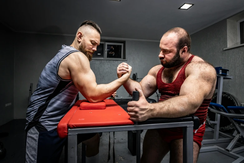 two men arm wrestling in a gym, a portrait, by Alexander Fedosav, pexels contest winner, bearded and built, ivan laliashvili, profile image, made of flesh and muscles