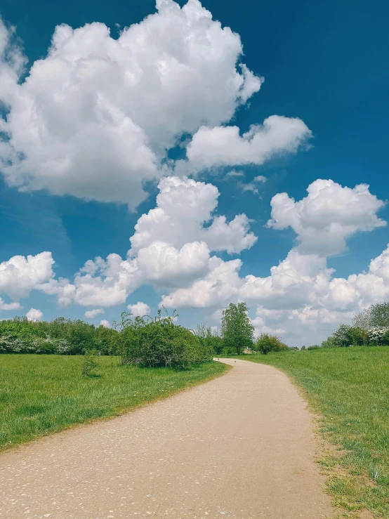 a dirt road running through a lush green field, by Anna Haifisch, unsplash, magic realism, prismatic cumulus clouds, 🚿🗝📝, park on a bright sunny day, today\'s featured photograph 4k