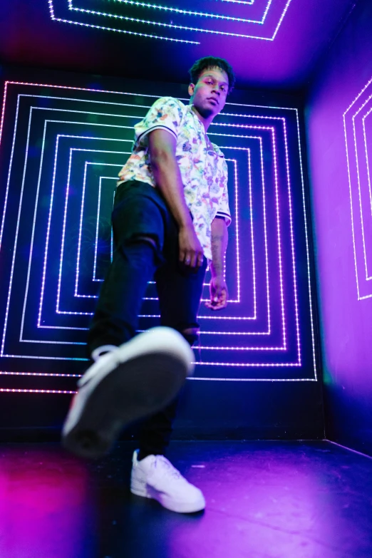 a man standing in a room with neon lights, teddy fresh, doing a majestic pose, ( ( theatrical ) ), standing on 2 feet