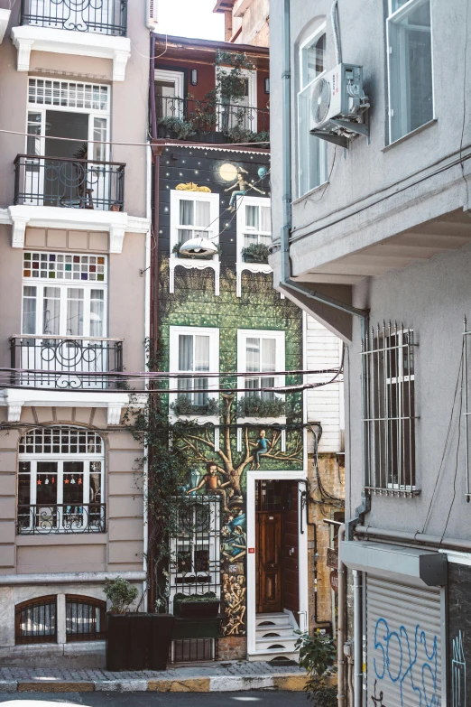 a couple of buildings that are next to each other, a colorized photo, inspired by Niyazi Selimoglu, pexels contest winner, street art, vine covered, wall mural, tiny space, brass pipes on the walls