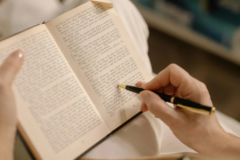 a woman reading a book with a pen in her hand, pexels contest winner, realism, legible text, a handsome, thumbnail, multiple stories